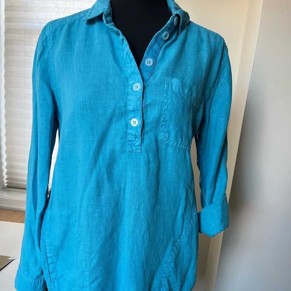 Michael Stars Linen Blue Button Down Shirt 3/4 Sleeve Polo Collar - Picture 1 of 4